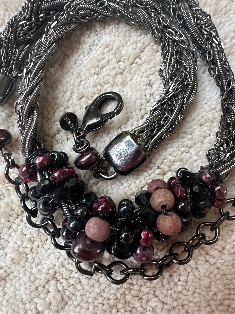 Chico's Gunmetal Braided Necklace Garnet and Plum Beads Signed Adjustable 20”